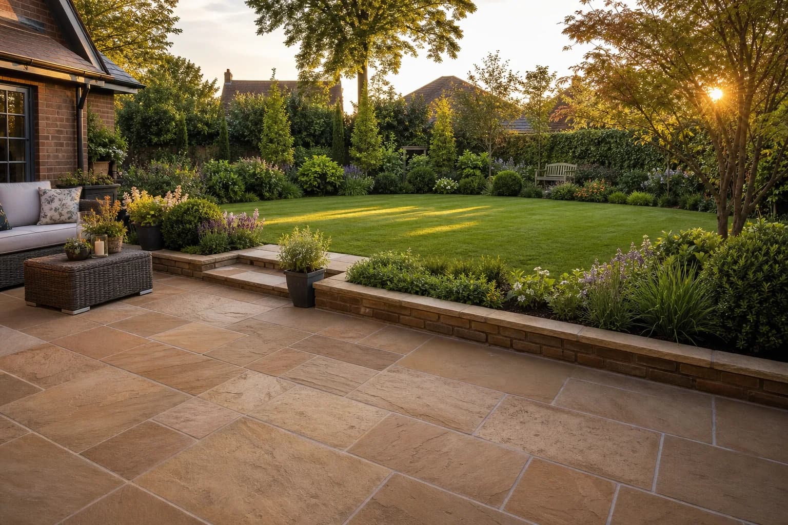 Landscaped English garden with a natural stone patio and planted borders