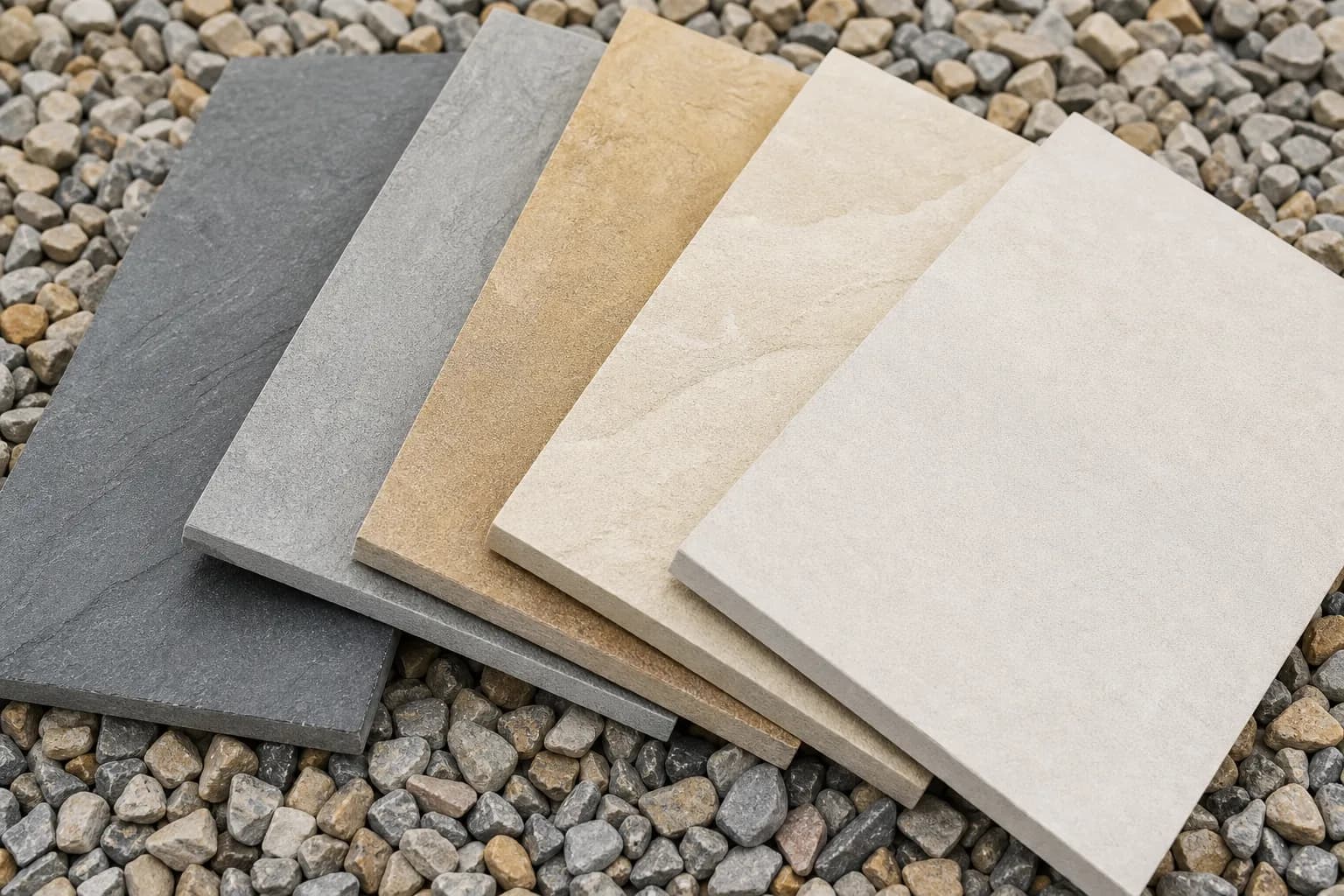 Natural stone and porcelain paving samples showing texture and colour range