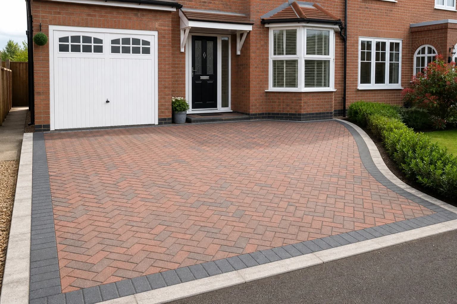 Newly laid block paving driveway with herringbone pattern in front of a house