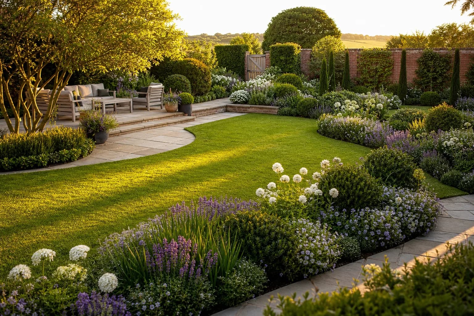 Newly designed garden with defined lawn, curved borders and a paved seating area