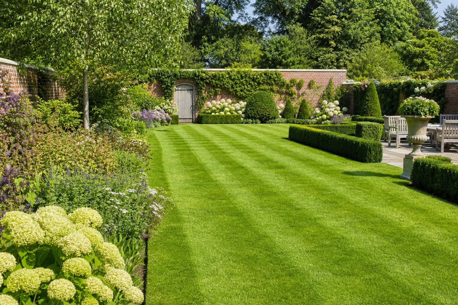 Neatly maintained garden with trimmed hedges, edged lawn and weed-free borders